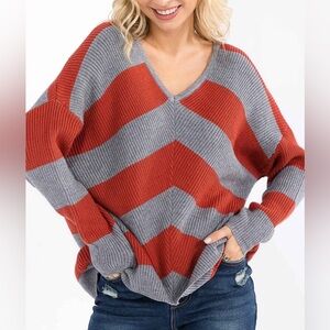 Striped V-Neck Sweater - Red and Gray